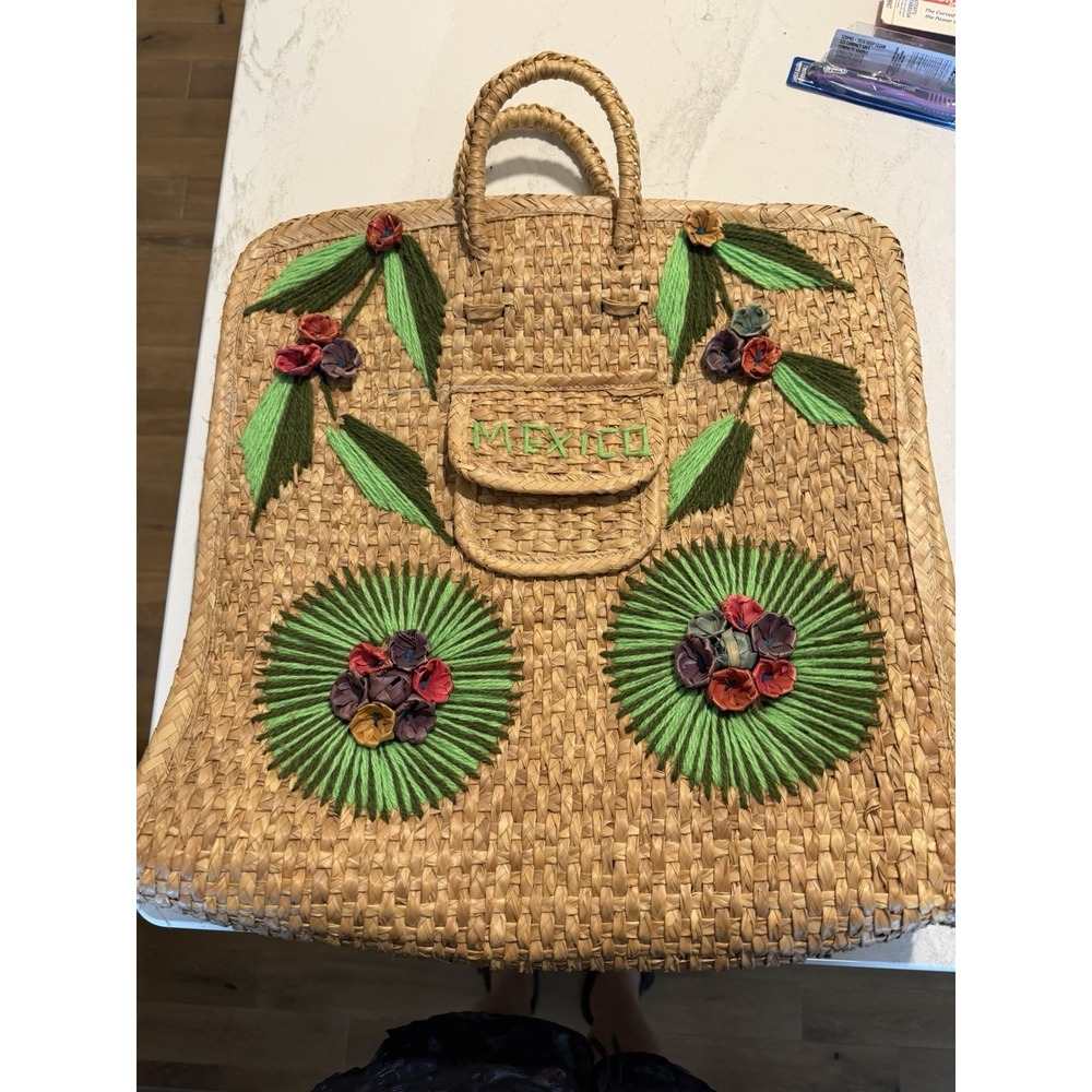 Vtg Large Woven Straw Tote Bag w/ Raised Raffia Flower Embroidery MEXICO Boho